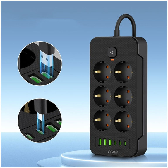 Mrežni punjač PC6X6 Power Strip 3 USB & 3 USB-C & 6 Socket 200cm, crna, Tech-Protect