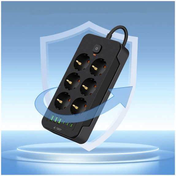 Mrežni punjač PC6X6 Power Strip 3 USB & 3 USB-C & 6 Socket 200cm, crna, Tech-Protect