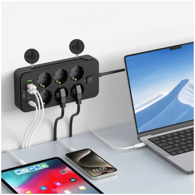 Mrežni punjač PC6X6 Power Strip 3 USB & 3 USB-C & 6 Socket 200cm, crna, Tech-Protect