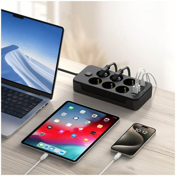 Mrežni punjač PC6X6 Power Strip 3 USB & 3 USB-C & 6 Socket 200cm, crna, Tech-Protect