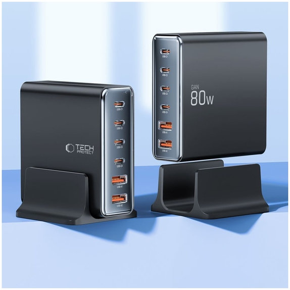 Mrežni punjač DC80W-GAN 6-PORT PD 80W / QC3.0, crna, Tech-Protect