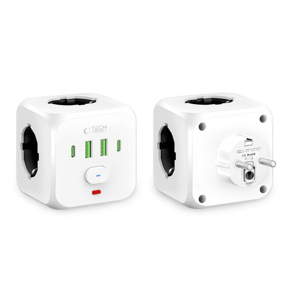 Mrežni punjač PCL3X4 Power Socket 2 USB & 2 USB-C & 3 Socket, bijela, Tech-Protect