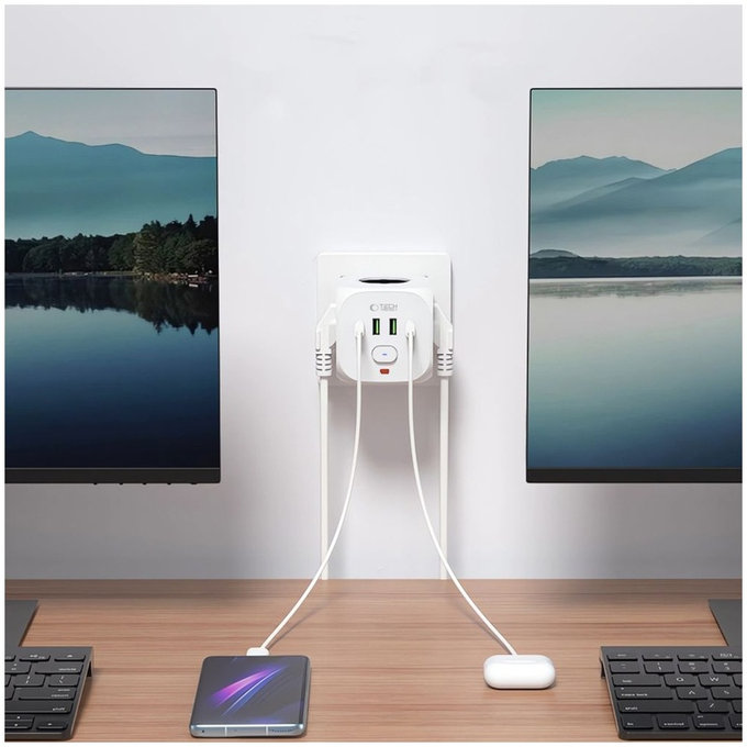 Mrežni punjač PCL3X4 Power Socket 2 USB & 2 USB-C & 3 Socket, bijela, Tech-Protect