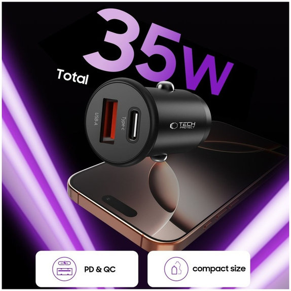Auto punjač CC02 2-PORT PD 35W / QC3.0, crna, Tech-Protect