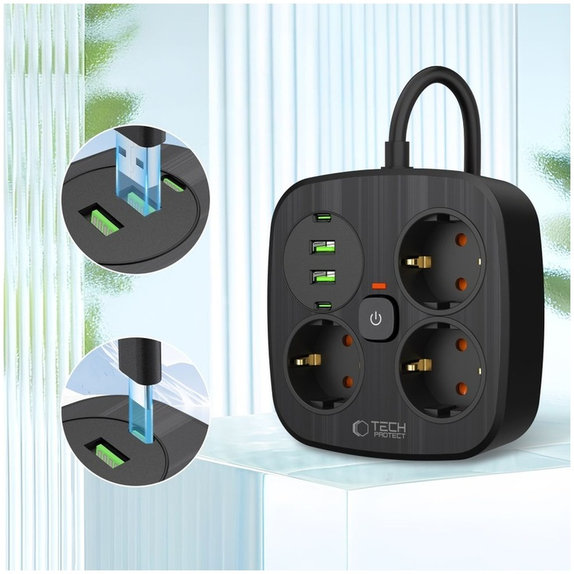 Mrežni punjač PCS3X4 Power Strip 2 USB & 2 USB-C & 3 Socket 200cm, crna, Tech-Protect