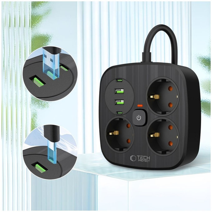 Mrežni punjač PCS3X4 Power Strip 2 USB & 2 USB-C & 3 Socket 200cm, crna, Tech-Protect
