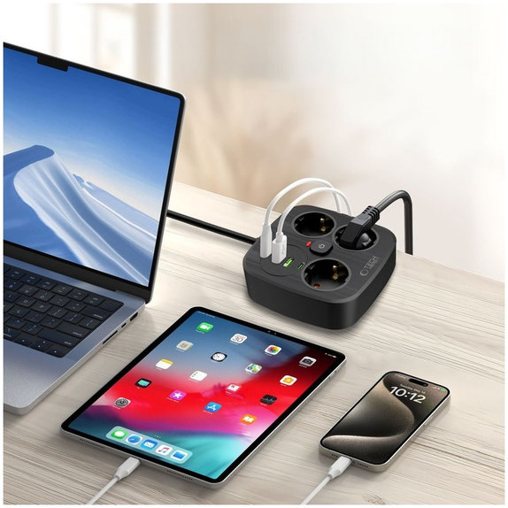 Mrežni punjač PCS3X4 Power Strip 2 USB & 2 USB-C & 3 Socket 200cm, crna, Tech-Protect