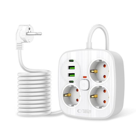 Mrežni punjač PCS3X4 Power Strip 2 USB & 2 USB-C & 3 Socket 200cm, bijela, Tech-Protect