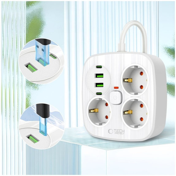 Mrežni punjač PCS3X4 Power Strip 2 USB & 2 USB-C & 3 Socket 200cm, bijela, Tech-Protect