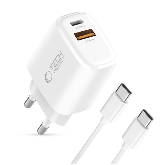 Mrežni punjač NCA20 2-PORT PD 20W / QC3.0 + USB-C Cable, bijela, Tech-Protect