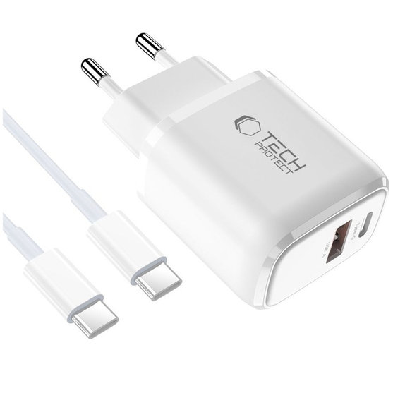Mrežni punjač NCA20 2-PORT PD 20W / QC3.0 + USB-C Cable, bijela, Tech-Protect