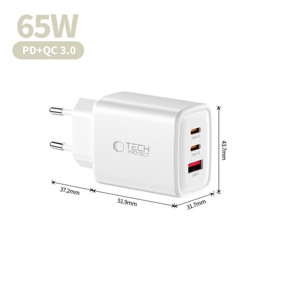 Mrežni punjač NCA65W-GAN 3-PORT PD 65W / QC3.0, bijela, Tech-Protect