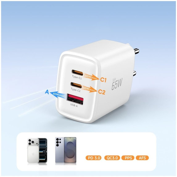 Mrežni punjač NCA65W-GAN 3-PORT PD 65W / QC3.0, bijela, Tech-Protect