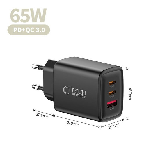Mrežni punjač NCA65W-GAN 3-PORT PD 65W / QC3.0, crna, Tech-Protect