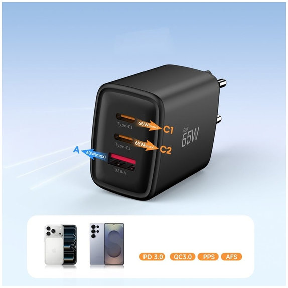 Mrežni punjač NCA65W-GAN 3-PORT PD 65W / QC3.0, crna, Tech-Protect