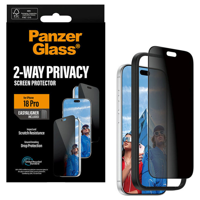 Kaljeno staklo UWF 2-Way Privacy s aplikatorom za iPhone 18 Pro, Crna, PanzerGlass