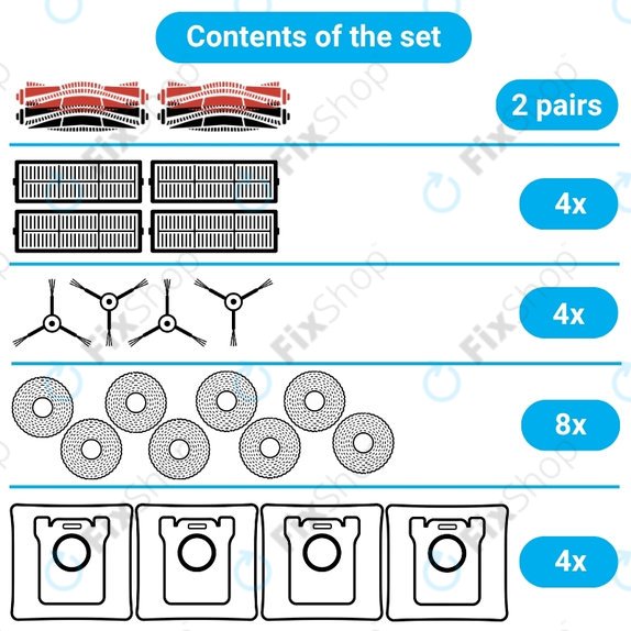 Set rezervnih dijelova za Dreame X50 Ultra, L50 Ultra, L40s Ultra, L40s Pro Ultra, X50 Master, Mova V50 (2 para glavnih četki, 4x Filter, 4x Bočna četka, 8x Krpa za brisanje, 4x Vrećica za prašinu)