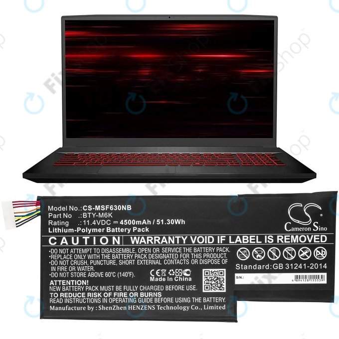Baterija za MSI GF63, MSI GF75, MSI GS63, 4500mAh, Li-Pol, 11.4V, BTY-M6K, HQ