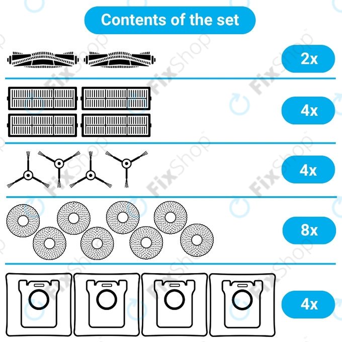 Set rezervnih dijelova za Xiaomi Robot Vacuum 5, 5 Pro (2x Glavna četka, 4x Filter, 4x Bočna četka, 8x Krpa za brisanje, 4x Vrećica za prašinu)