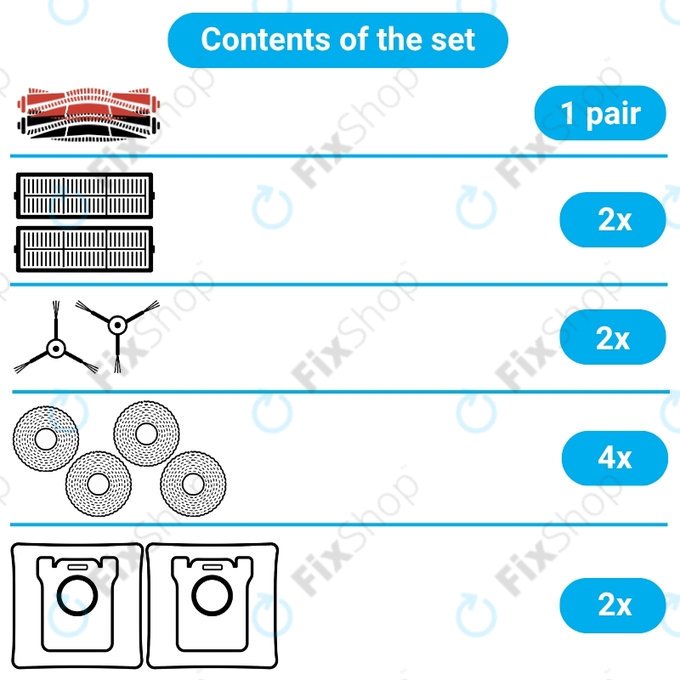 Set rezervnih dijelova za Dreame X50 Ultra, L50 Ultra, L40s Ultra, L40s Pro Ultra, X50 Master, Mova V50 (1 par glavnih četki, 2x Filter, 2x Bočna četka, 4x Krpa za brisanje, 2x Vrećica za prašinu)