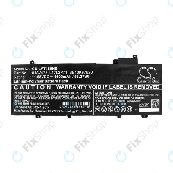 Baterija za Lenovo ThinkPad T480S, 4600mAh, Li-Pol, 11.58V, 01AV478, HQ