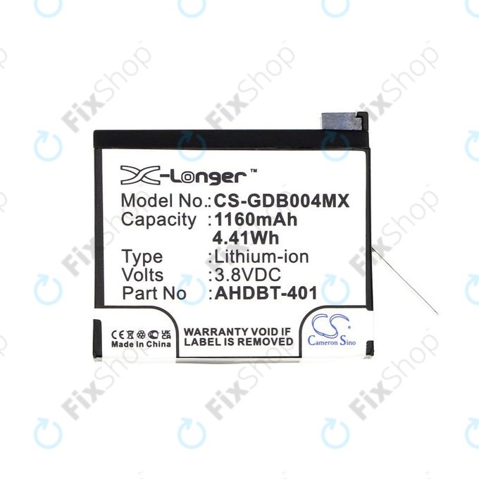 Baterija za GoPro Hero 4, 1160mAh, Li-Ion, 3.8V, AHDBT-401, HQ