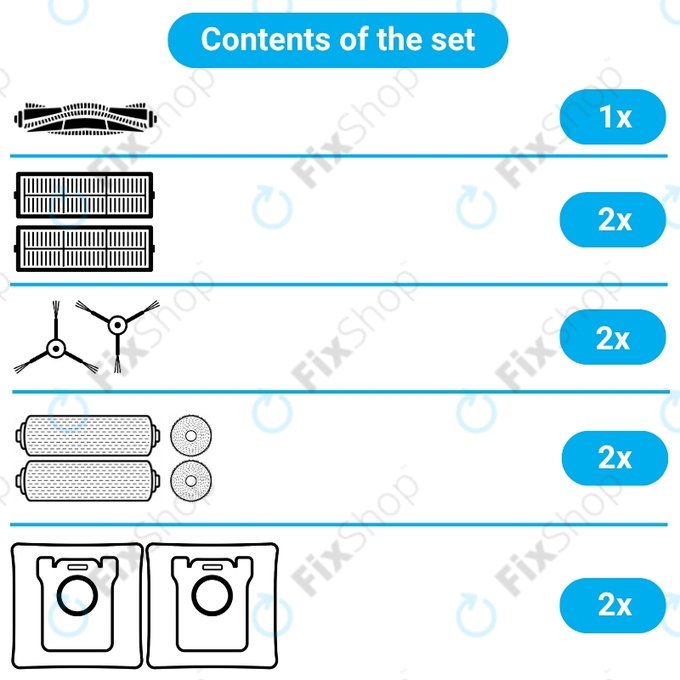 Set rezervnih dijelova za Dreame Mova Z50 Ultra, Z5, Z5 Pro (1x Glavna četka, 2x Filter, 2x Bočna četka, 2x Krpa za brisanje, 2x Bočna mop krpa, 2x Vrećica za prašinu)