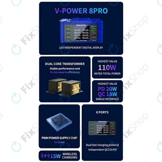 Mechanic V-Power 8 Pro - USB servisna stanica za punjenje s USB-C i USB 3.0