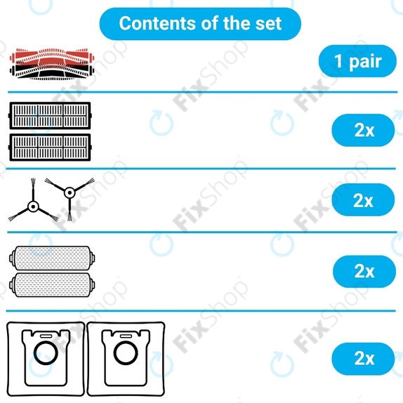 Set rezervnih dijelova za Dreame Aqua 10, 10 Ultra (1 par glavnih četki, 2x Filter, 2x Bočna četka, 2x Krpa za brisanje, 2x Vrećica za prašinu)