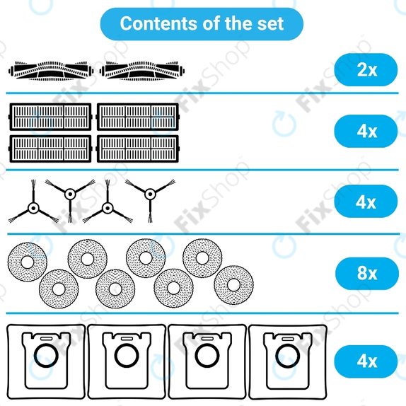 Set rezervnih dijelova za Xiaomi Dreame L10s Ultra, Xiaomi Dreame L10s Pro (2x Glavna četka, 4x Filter, 4x Bočna četka, 8x Krpa za brisanje, 4x Vrećica za prašinu)