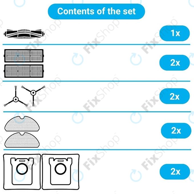 Set rezervnih dijelova za Xiaomi Viomi Alpha 2 PRO, V5 PRO, V5 (1x Glavna četka, 2x Filteri, 2x Bočne četke, 2x Krpice za mop, 2x Vrećice za prašinu)