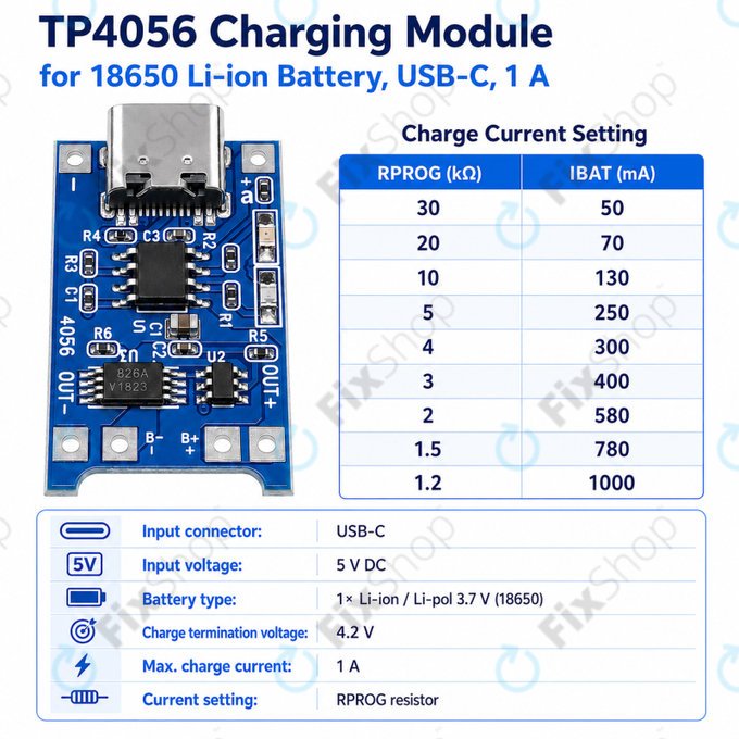 Modul za punjenje TP4056 za 18650 Li-ion bateriju, USB-C, 1 A