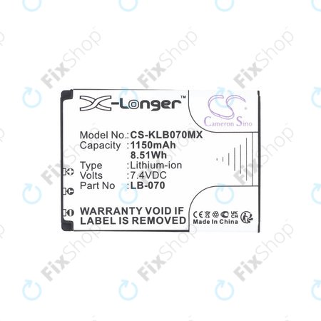 Baterija za Kodak PIXPRO S1, AZ651, AZ652, AZ901, 1150mAh, Li-Ion, 7.4V, LB-070, HQ