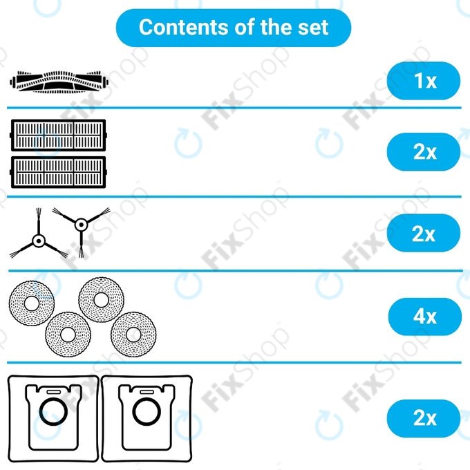 Set rezervnih dijelova za Eta Aquilo Pro, Cecotec Conga 11090 (1x Glavna četka, 2x Filter, 2x Bočna četka, 4x Krpa za brisanje, 2x Vrećica za prašinu)