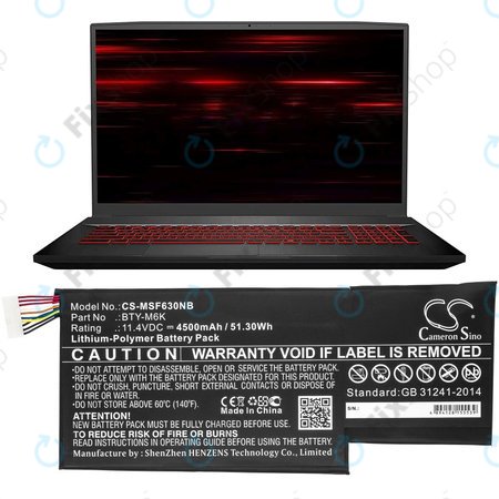 Baterija za MSI GF63, MSI GF75, MSI GS63, 4500mAh, Li-Pol, 11.4V, BTY-M6K, HQ
