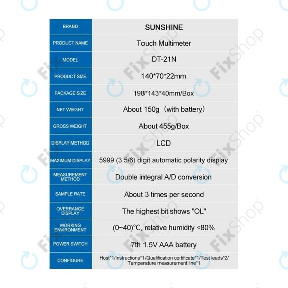 Sunshine DT-21N - Multimetar osjetljiv na dodir