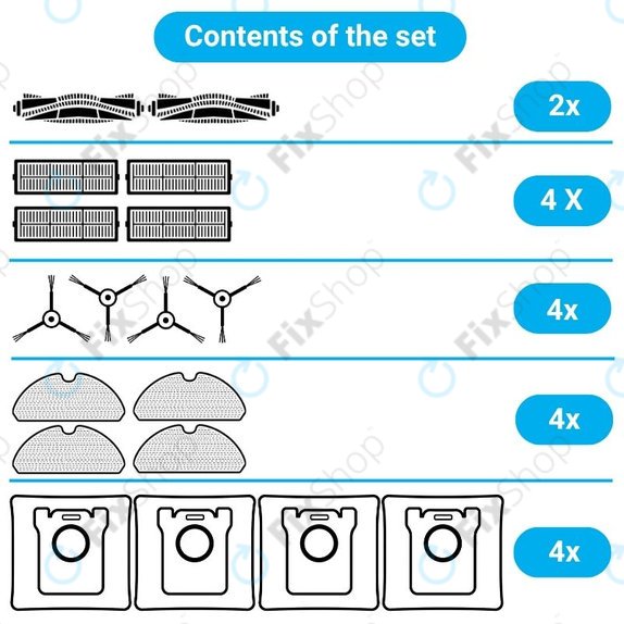 Set rezervnih dijelova za Xiaomi Viomi Alpha 2 PRO, V5 PRO, V5 (2x Glavne četke, 4x Filteri, 4x Bočne četke, 4x Krpice za mop, 4x Vrećice za prašinu)