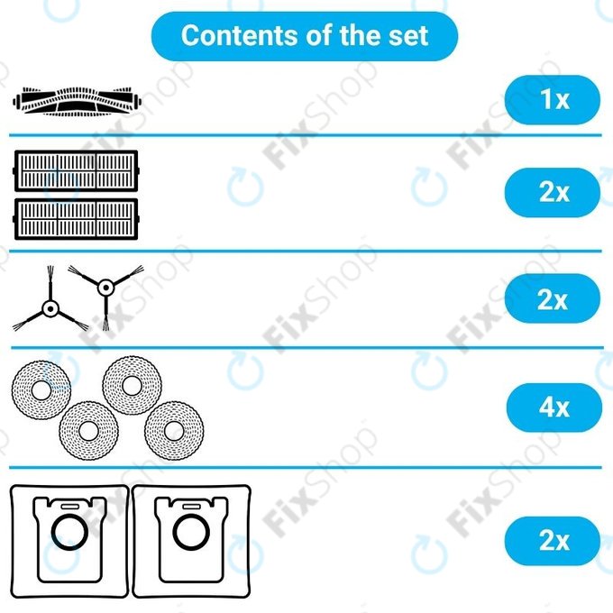 Set rezervnih dijelova za Xiaomi Robot Vacuum X10 (1x Glavna četka, 2x Filteri, 2x Bočne četke, 2x Krpice za mop, 2x Vrećice za prašinu)