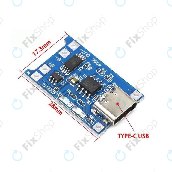 Modul za punjenje TP4056 za 18650 Li-ion bateriju, USB-C, 1 A