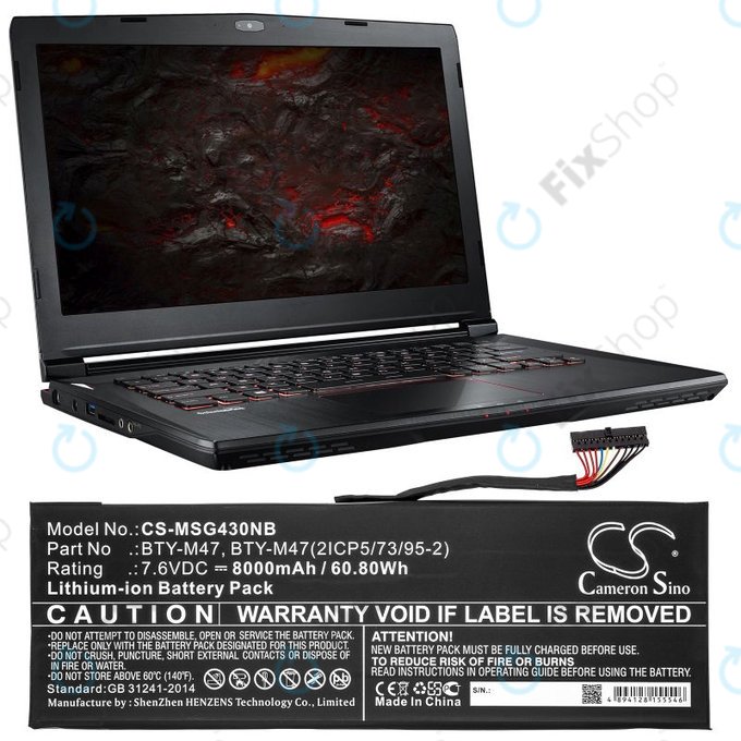 Baterija za MSI GS40, GS43, MS14, 8000mAh, Li-Ion, 7.6V, BTY-M47, HQ