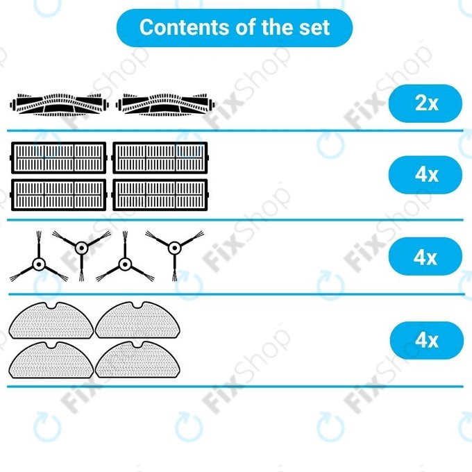 Set rezervnih dijelova za Xiaomi Roborock S5 Max, S6, S6 MaxV, S6 Pure, Xiaowa E3 (2x Glavna četka, 4x Filter, 4x Bočna četka – bijela, 4x Krpa za brisanje)