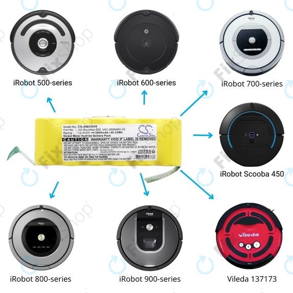 iRobot Roomba 500, 600, 700, 800, 900-series, R3, Scooba 450, Vileda 137173 - Baterija 11702, GD-Roomba-500, VAC-500NMH-33 14.4V 2800mAh HQ