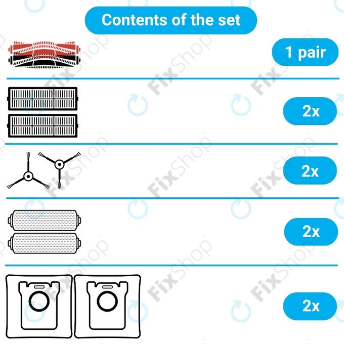 Set rezervnih dijelova za Dreame Aqua 10, 10 Ultra (1 par glavnih četki, 2x Filter, 2x Bočna četka, 2x Krpa za brisanje, 2x Vrećica za prašinu)