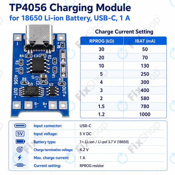 Modul za punjenje TP4056 za 18650 Li-ion bateriju, USB-C, 1 A