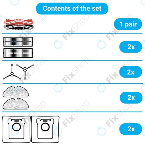 Set rezervnih dijelova za Xiaomi Roborock S8, S8+, S8 Pro Ultra (1 par glavnih četki, 2x Filter, 2x Bočna četka – crna, 2x Krpa za brisanje, 2x Vrećica za prašinu)
