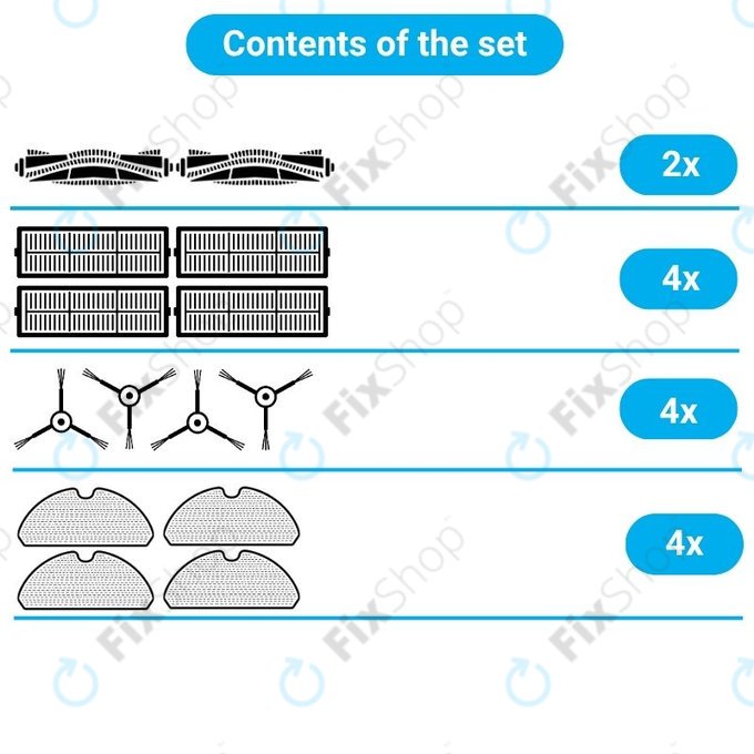 Set rezervnih dijelova za Xiaomi Viomi V3 MAX (2x Glavne četke, 4x Filteri, 4x Bočne četke, 4x Krpice za mop)