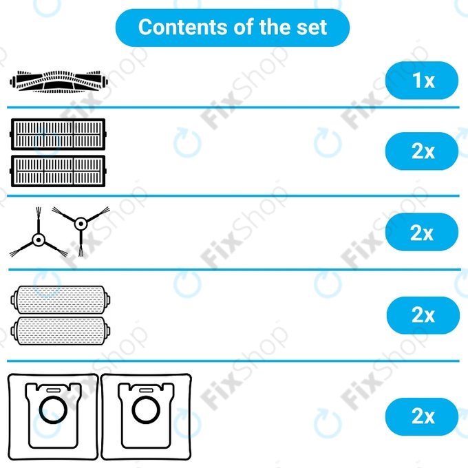 Set rezervnih dijelova za Ecovacs T80 Omni, T80 (1x Glavna četka, 2x Filter, 2x Bočna četka, 2x Krpa za brisanje, 2x Vrećica za prašinu)