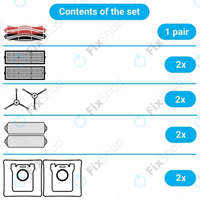 Set rezervnih dijelova za Mova Z60 Ultra Roller (1 par glavnih četki, 2x Filter, 2x Bočna četka, 2x Krpa za brisanje, 2x Vrećica za prašinu)