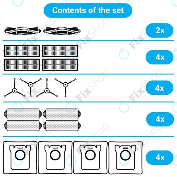 Set rezervnih dijelova za Ecovacs Deebot X9 Pro Omni (2x Glavna četka, 4x Filter, 4x Bočna četka, 4x Krpa za brisanje, 4x Vrećica za prašinu)