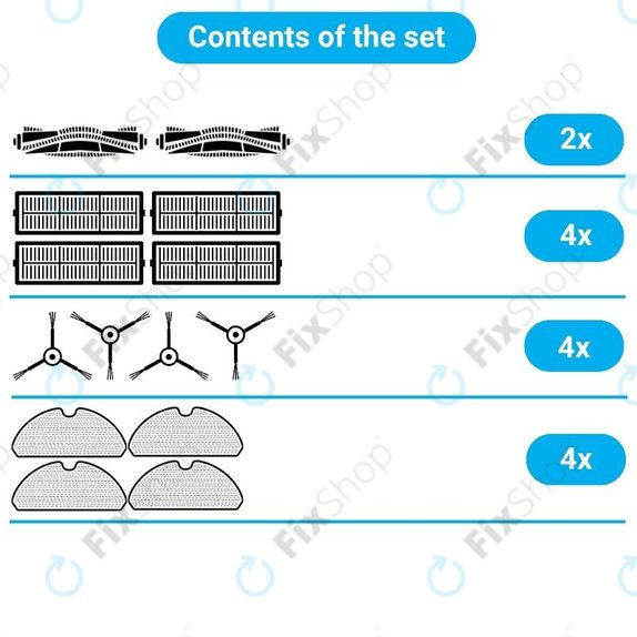 Set rezervnih dijelova za Xiaomi Roborock S5 Max, S6, S6 MaxV, S6 Pure, Xiaowa E3 (2x Glavna četka, 4x Filter, 4x Bočna četka – bijela, 4x Krpa za brisanje)